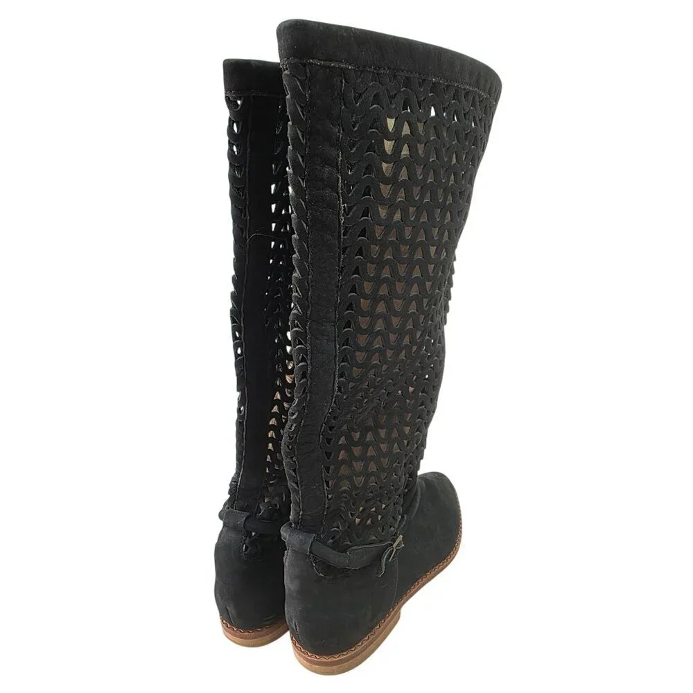 Vintage 90s Nickels Italy Suede Lattice Cutout Tall Boots 6B Boho Festival Flat